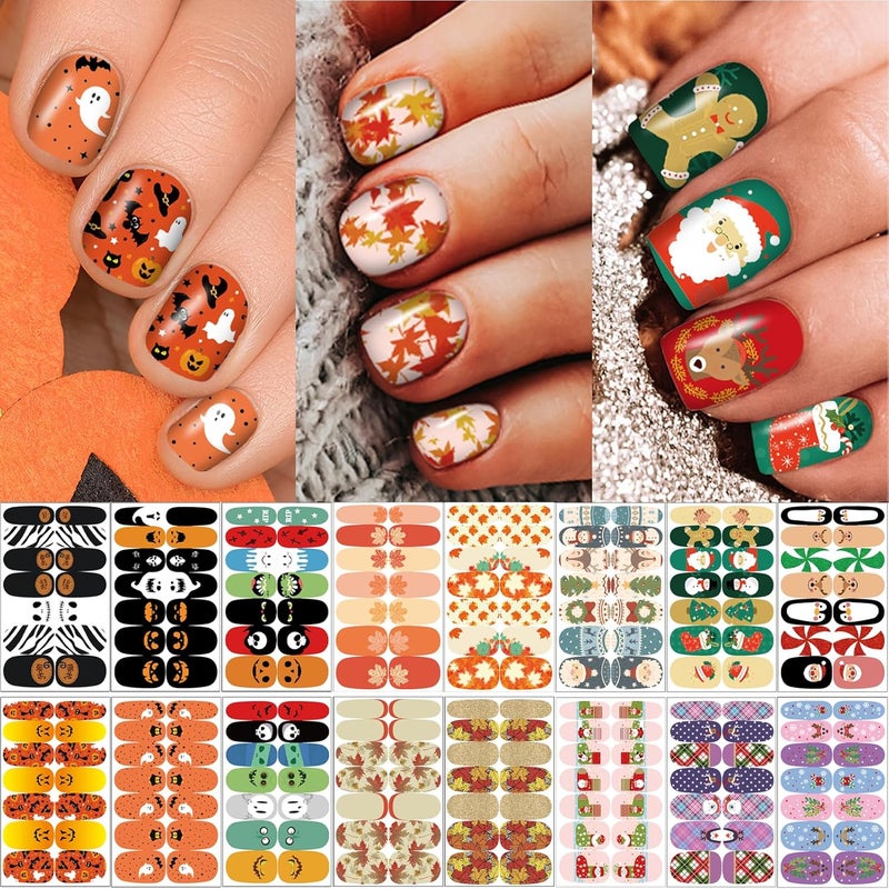 winthrop 24 Sheets Holiday Nail Wraps Stickers, Halloween Christmas Thanksgiving Day All Seasonal Full Nail Polish Strips, DIY Self-Adhesive Fall Winter Nail Art Decals with 2 Piece Nail Files for Party Decor - Image 1
